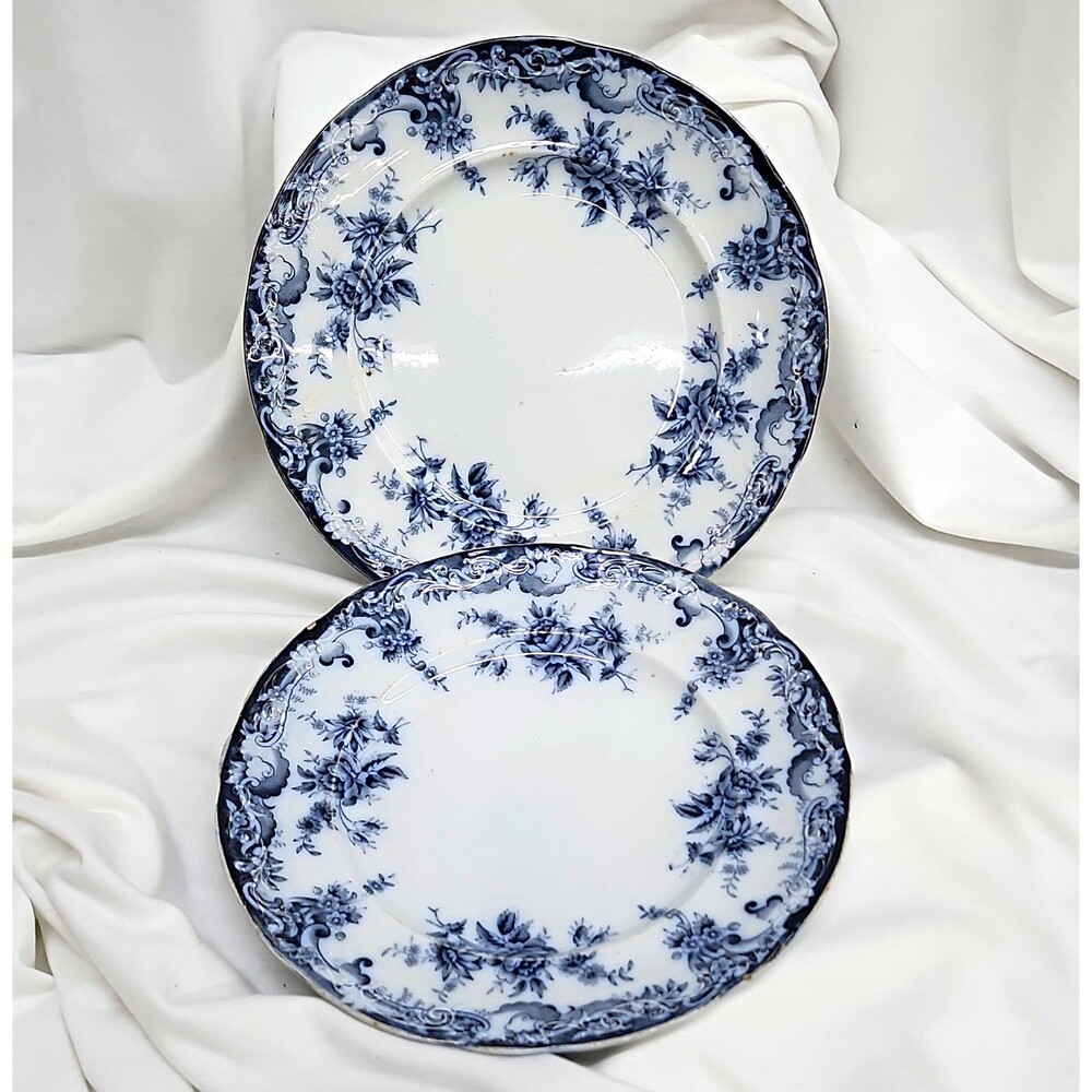 Antique Flow Blue Baker & Co Ltd England 'Flora' Set of 2 10in Plates